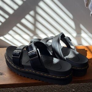 Dr. Martens Black Platform Double Buckle Sandals with Yellow Stitching